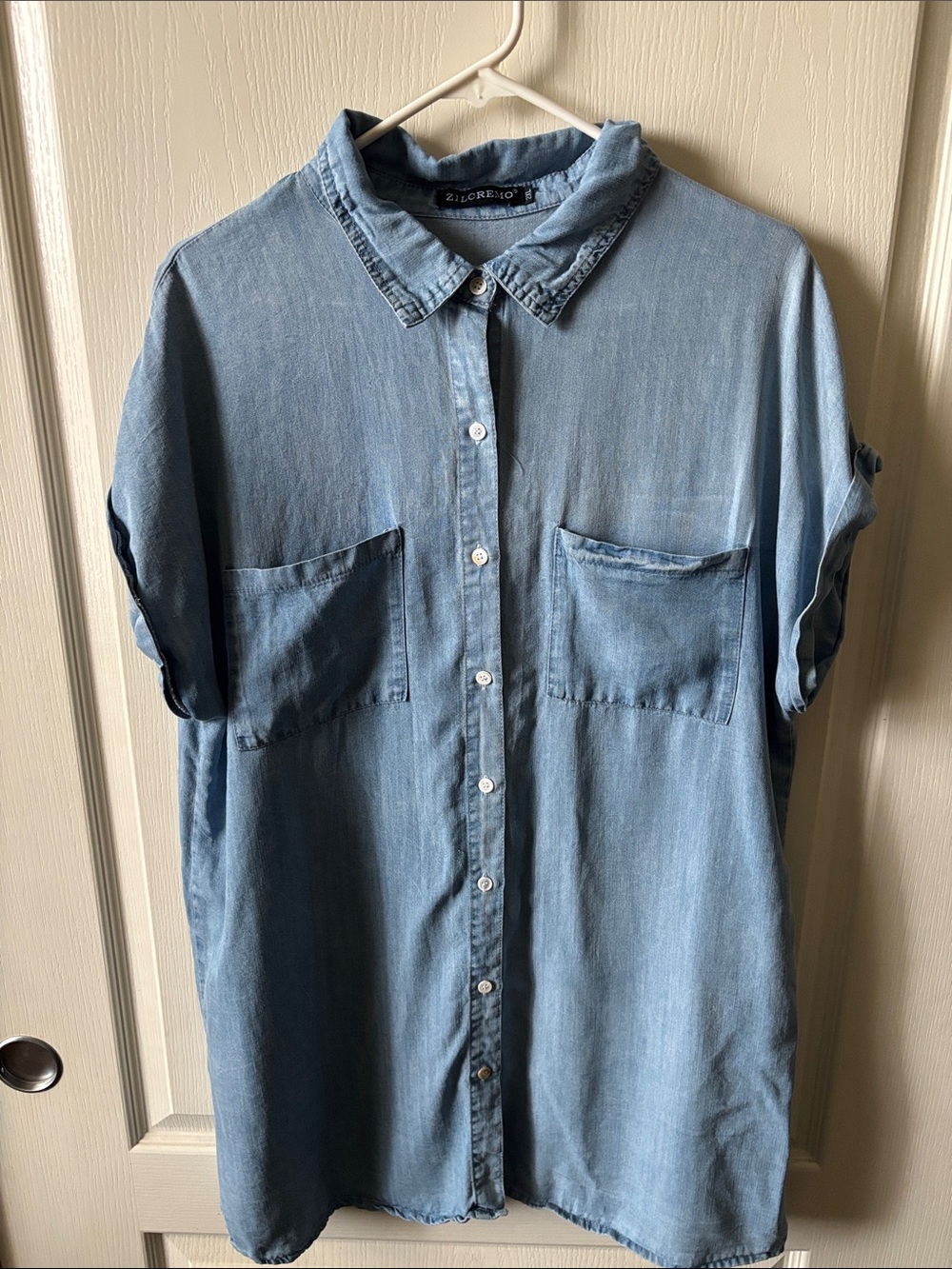 Light Wash Denim Chambray Button-Front Shirt Dress